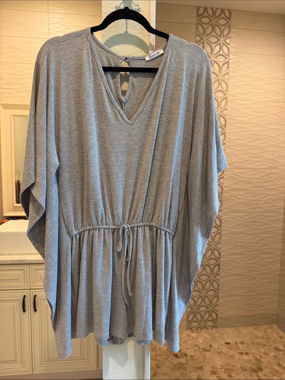 Light Gray V-Neck Drawstring Women’s Shorts Romper with Flutter Sleeve
